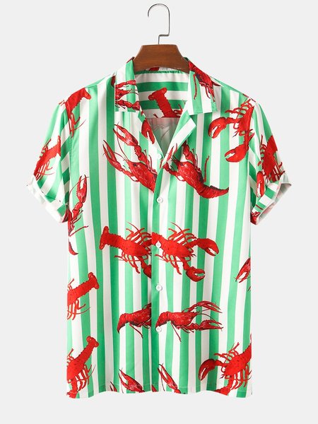 

Men Lobster & Striped Beach Casual Lapel Shirt, Lightgreen, Men's Floral shirt