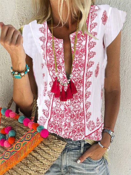 

Short Sleeve Printed Casual Tops, White, Tees & T-shirts