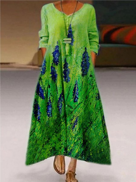 Casuale Girocollo Stampato 3/4 Manica Abito, Verde, Casual Dresses