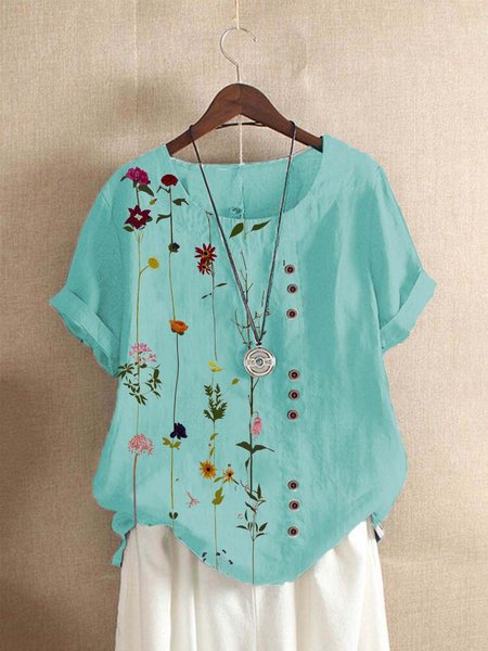 

Colore-block Misto Cotone Casuale Top, Blu, Tops