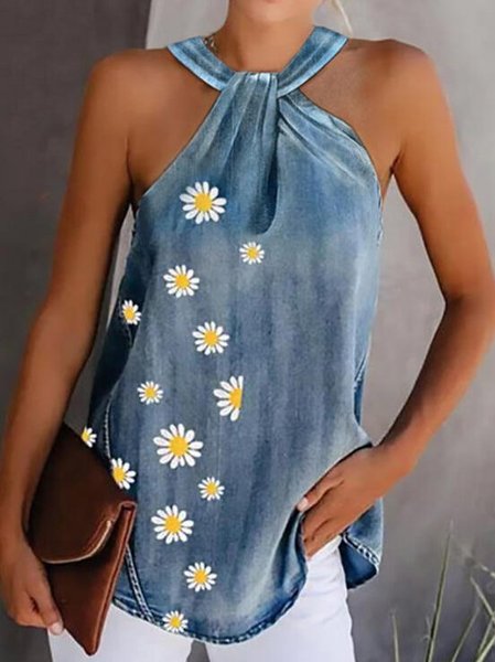 

Sleeveless Striped Cotton-Blend Halter Tanks & Camis, Blue, Tanks & Camis