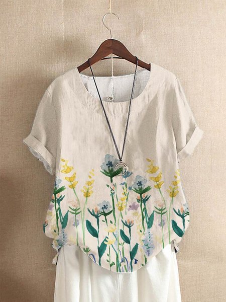 

Colore-block Maniche Corte Misto Cotone Camicie & Top, Albicocca, Tops
