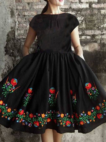 

Short Sleeve Daily Floral Swing Midi Dress, Black, Midi Dresses