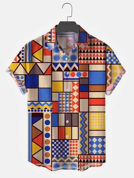 

Mens Geometric Printed Holiday Lapel Shirts, Multicolor, Short Sleeves Shirts