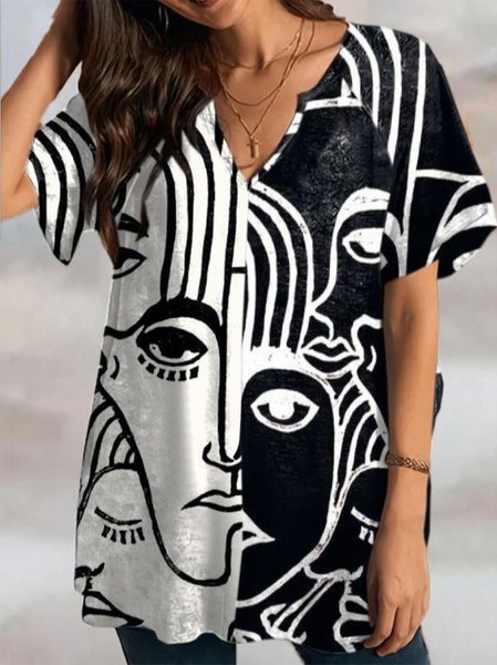 

Astratto Maniche Corte Casuale Camicie & Top, Bianco-nero, Tops