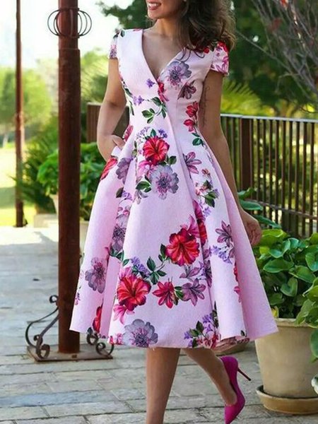 

Short Sleeve V Neck Elegant Midi Dress, Pink, Midi Dresses