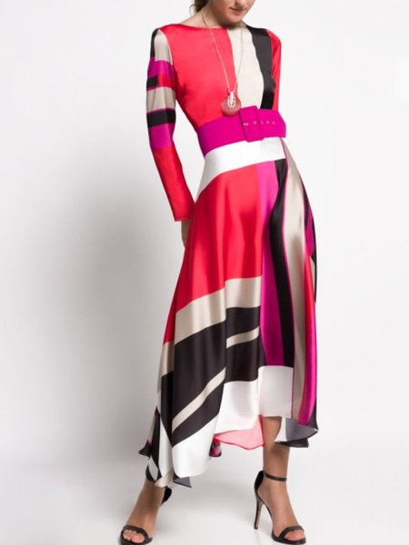 

Long Sleeve Formal A-Line Crew Neck Paneled Work Maxi Dress（no belt)）, Red, Maxi Dresses