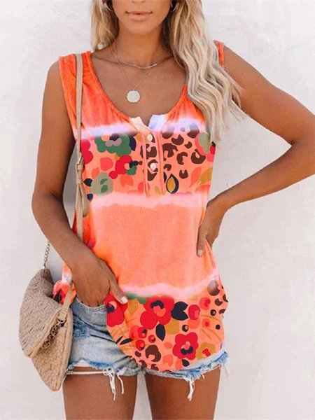 

Sleeveless Leopard Casual T-shirt, Orange, Tanks & Camis
