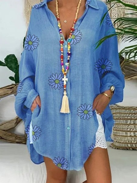 

Casual Long Sleeve V Neck Tops, Blue, Tops