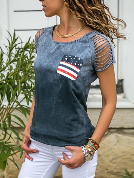 

Shift Crew Neck Tie-dye Hollow Out Short Sleeve T-shirt, Blue, T-Shirts