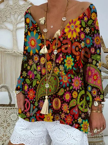

Printed Vintage Long Sleeve Tops, Multicolor, Blouses & Shirts