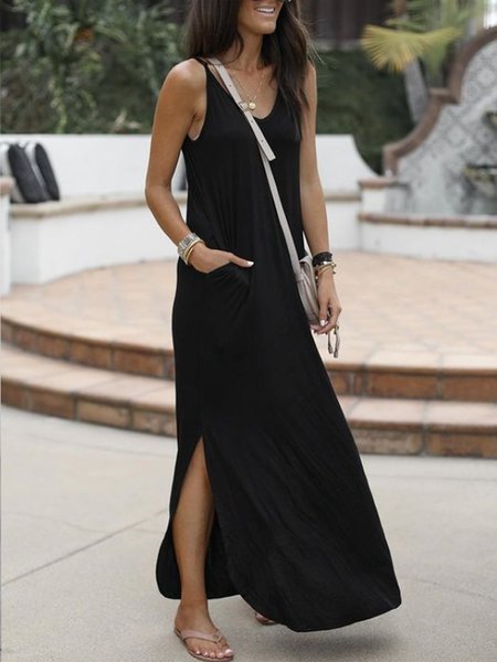 

Scollo a V Casuale senza maniche Dritto Abito, Nero, Dresses