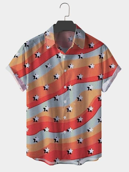 

Mens Vintage Star Rainbow Lines Print Vacation Shirts, Red, Short Sleeves Shirts