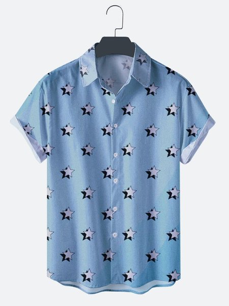 

Mens Casual Star Print Hawaiian Shirts, Blue, Short Sleeves Shirts