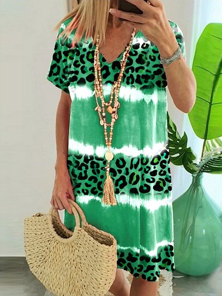 

Leopardo Casuale Stampato Floreale Abito, Verde, Summer dresses