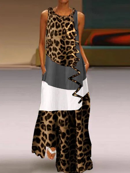 

Stampato Casuale Leopardo senza maniche Abito, Marrone, Maxi Dresses