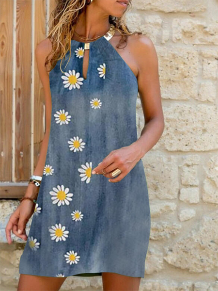 

Stampato Floreale senza maniche Spalla Nuda Gonna Casuale, Blu, Casual Dresses