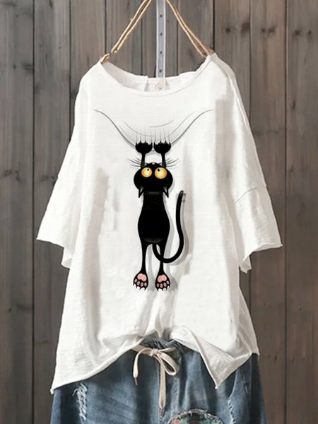 Misto Cotone Casuale Mezza Manica Top, Bianco, Blouses & Shirts