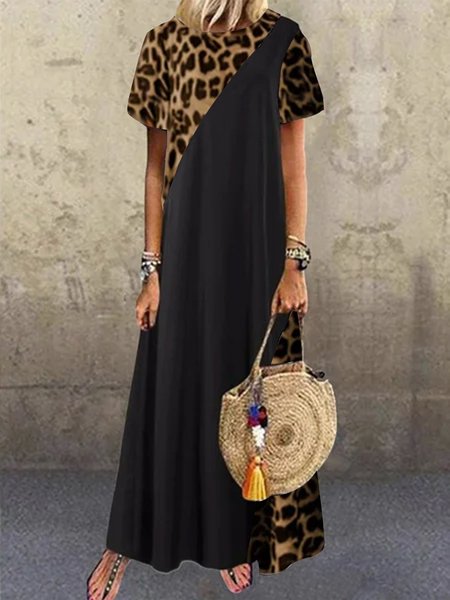 Leopardo A-line Maniche Corte Abito, Nero, Dresses