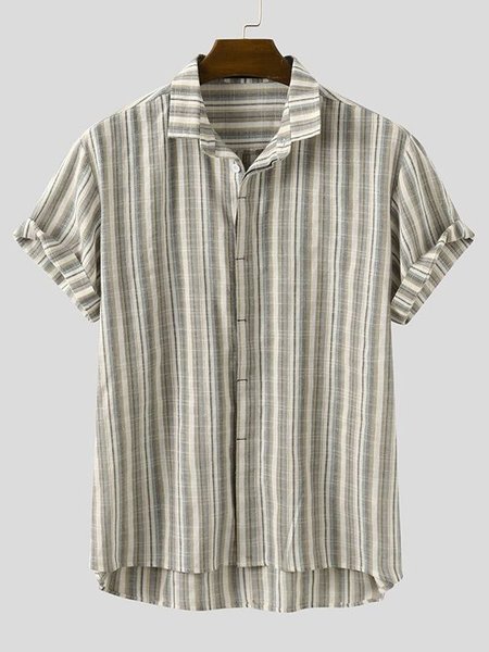 

Men's Stripe National Style Short Sleeve Casual Loose Shirt, Khaki, Men's Floral shirt
