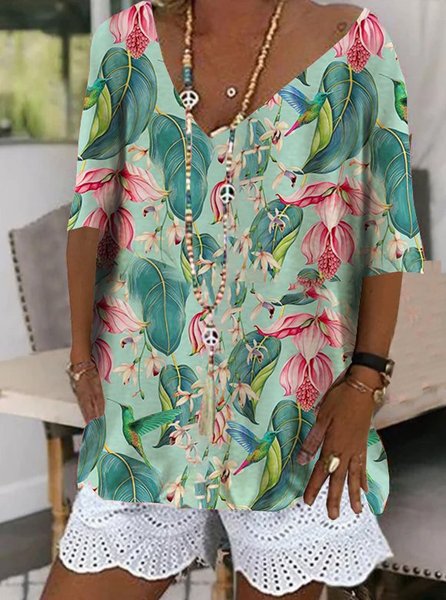

Floreale Maniche Corte Stampato Misto Cotone Scollo a V Casuale Estate verde Superiore, Blouses & Shirts