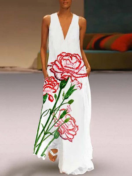

Casuale Dritto Scollo a V Abito, Bianco, Maxi Dresses