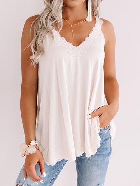 

Basic Lace Spaghetti-Strap Casual Loungewear Tank T-shirt, White, Tank Tops & Camis