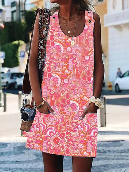 

senza maniche Misto Cotone Abito, Rosa, Dresses