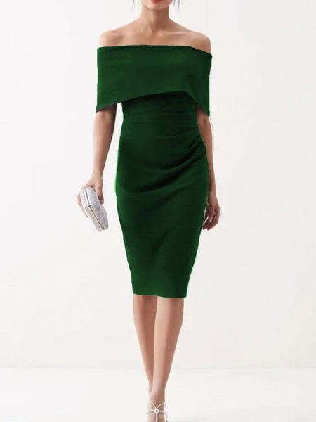 

Off Shoulder Formal Sheath Plain Work Midi Dress, Green, Dresses