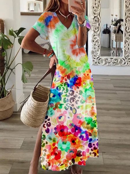 

Short Sleeve Casual Leopard Floral-Print Knitting Dress, Multicolor, Tie dye dress