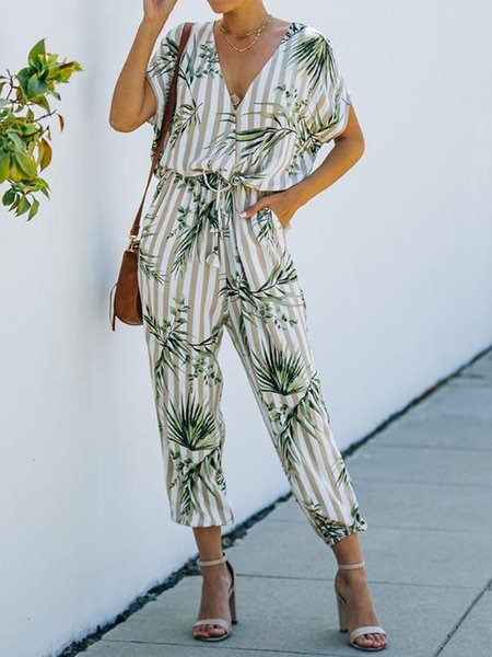 

Casual V Neck Printed Jumpsuits, Green, Jumpsuits＆Rompers