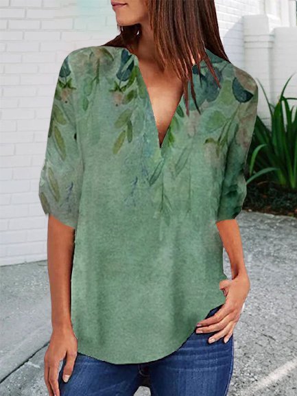 

Casual Leaves Shift 3/4 Sleeve Shirts & Tops, Green, Tops