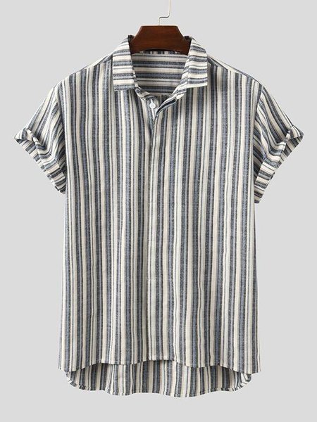 

Men's Stripe National Style Short Sleeve Casual Loose Shirt, Gray, Short Sleeves Shirts