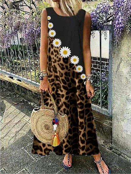 

Leopard Casual Sleeveless Weaving Dress, Black, Casual Dresses