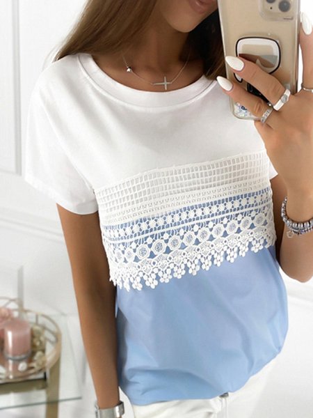 

2021 Estate Casuale Pizzo Contrasto Dritto Maniche Corte Camicie & Top, Blu bianco, T-Shirts