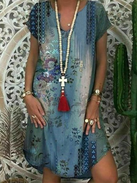 

Vintage Stampata Floreale Statement taglia grande Maniche Corte Scollo a V Gonna Casuale, Blu, Casual Dresses