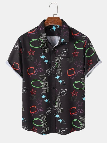 

Printed Shirt Collar Shirts & Tops, Black, Short Sleeves Shirts