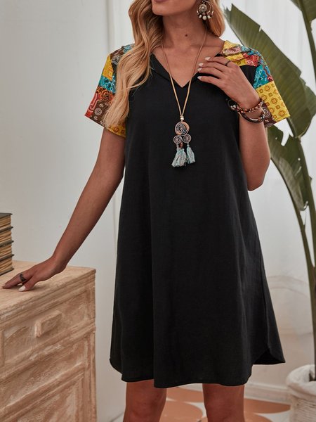 

Printed Short Sleeve Tribal Casual Knitting Dress, Black, Casual Dresses