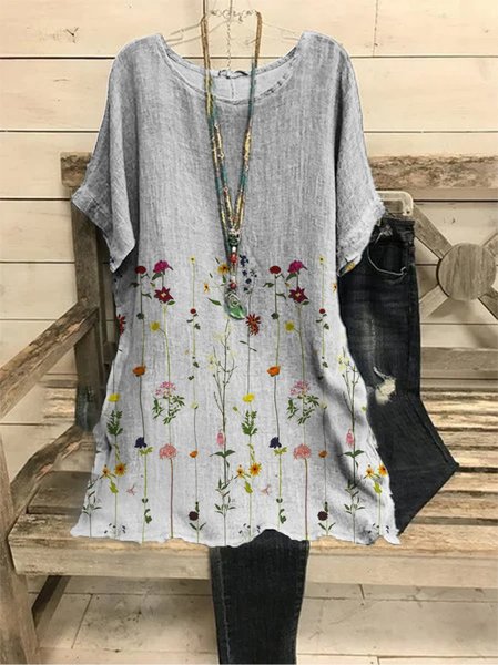 

Vintage Bohemian Vacanza Floreale Dritto Maniche Corte Gonna Casuale, Grigio, Dresses