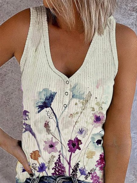 

Floreale senza maniche Stampato Misto Cotone Scollo a V Vintage Estate Bianco Superiore, Blouses & Shirts
