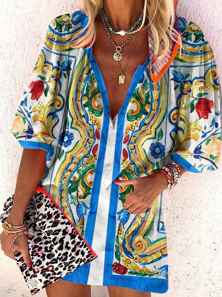 

Dritto Misto Cotone Maniche Corte Bohemian Abito, Colore 1, Dresses