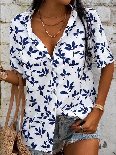 

Printed Vintage Short Sleeve Shirt Collar Blouse, Blue, Blouses & Shirts