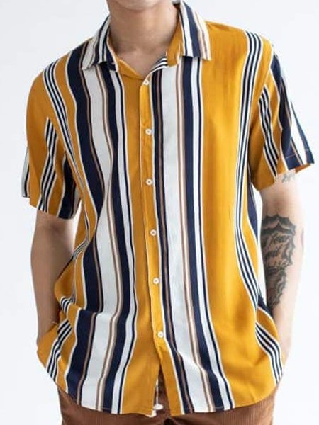 

Striped Cotton Blends Short Sleeve Shirt, Yellow, Men's Floral shirt
