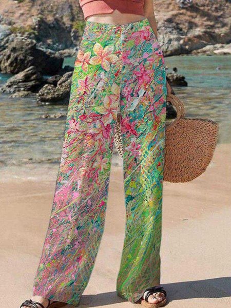 New Casual Floral Long Pants, Green, Pants