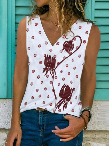 

V Neck Floral Casual Sleeveless Shirts & Tops, White, Tops