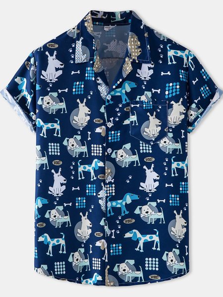 

Men's Shirt Collar Printed Vintage Shirts, Blue, Short Sleeves Shirts