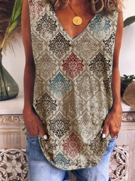 

V Neck Sleeveless Tribal Shirts & Tops, Khaki, Blouses & Shirts