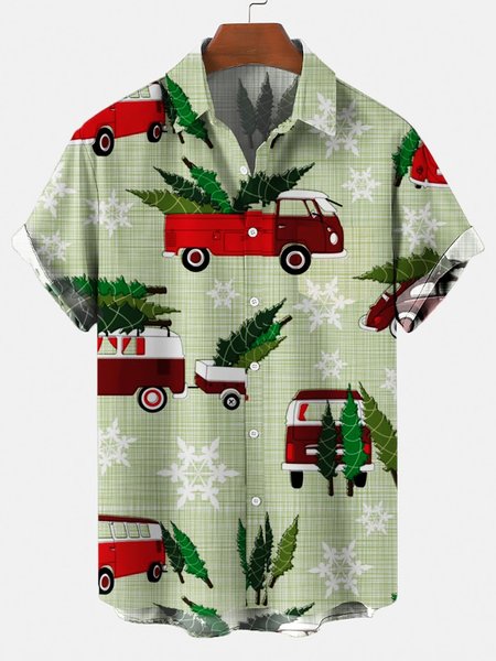 

Men's 50's New Style Scattered Campers Short Sleeve Casual Loose Shirt, Green, Men's Floral shirt