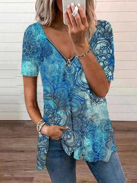 

Scollo a V Stampato Casuale Top, Blu, Blouses & Shirts