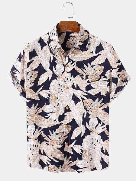 

Mens Plant Leaf Print Chest Pocket Holiday Short Sleeve Shirts, Black, Short Sleeves Shirts